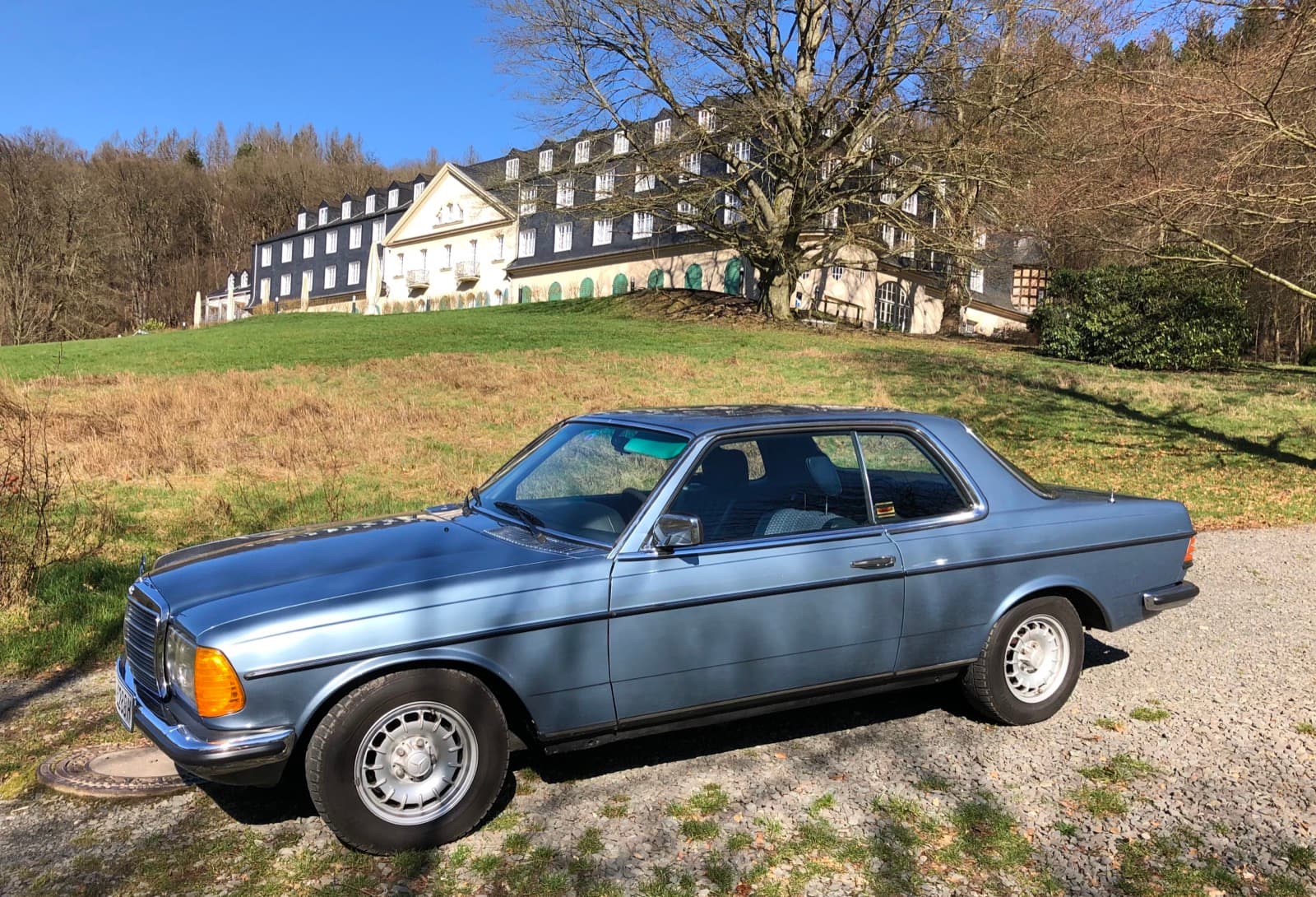 Hellblaues W123 Coupé im Profil vor einem historischen Gebäude