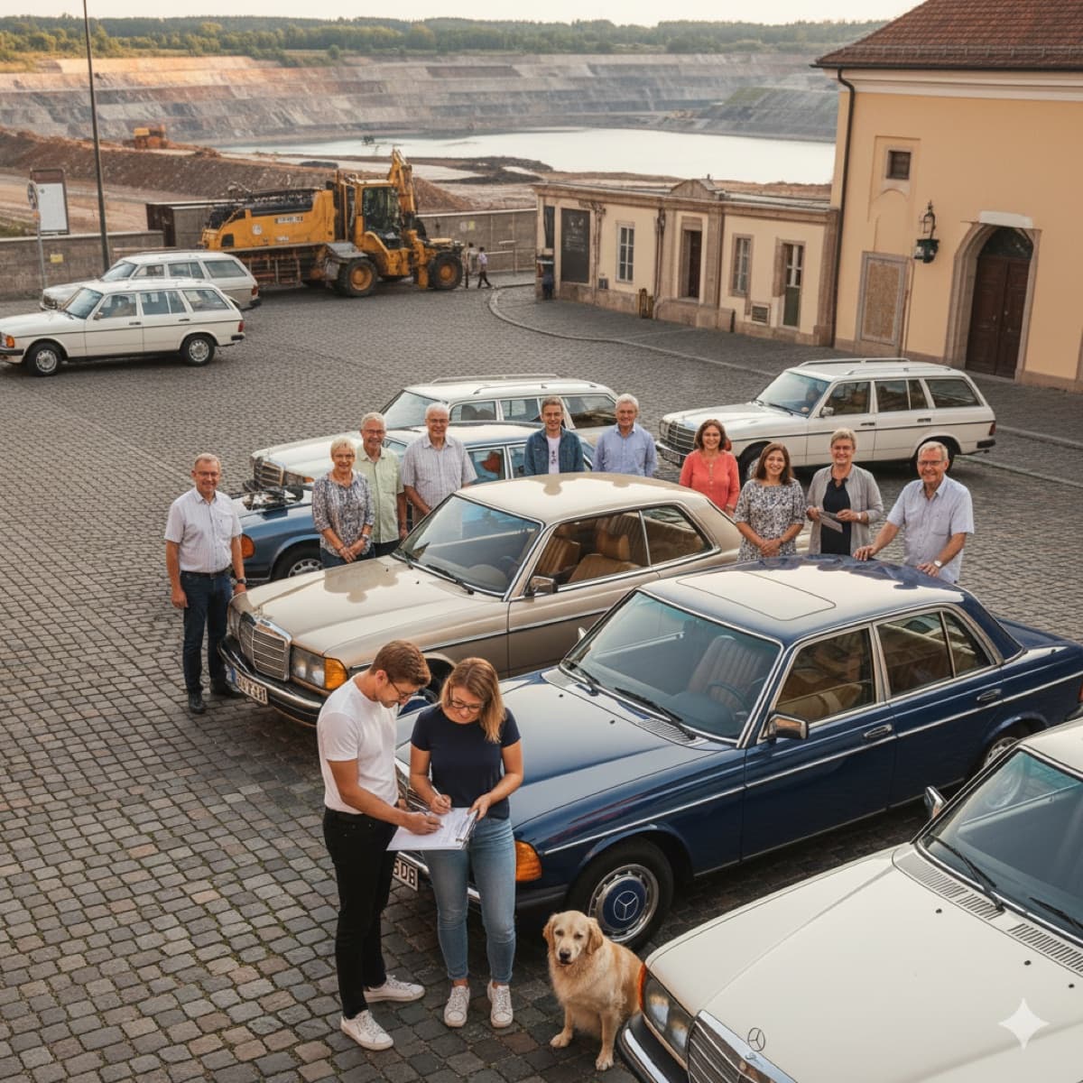 Mitglieder des Vereins für Freunde des W123 e.V. mit ihren Fahrzeugen beim Sommertreffen